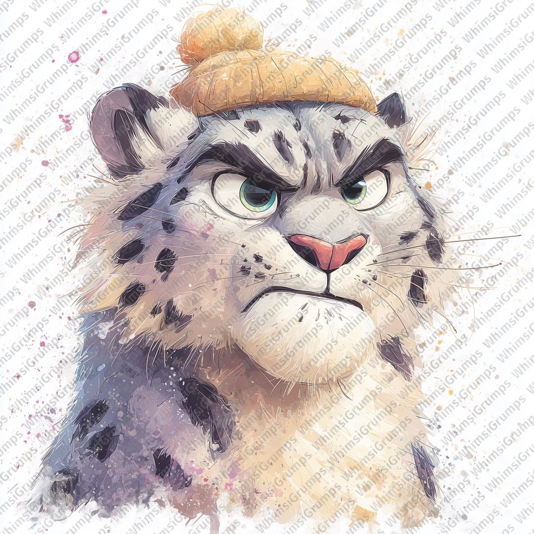 Grumpy Snow Leopard Clipart Bundle, Quirky Watercolor Animal Art for ...