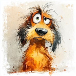 May include: Watercolor illustration of a sad-looking dog with large, expressive eyes. The dog has brown and black fur, a long snout, and a worried expression. The artwork has a soft, painterly style with a neutral background.