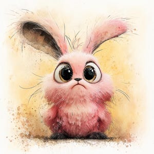 May include: A watercolor illustration of a pink bunny with large, expressive eyes and long ears. The bunny has a fluffy appearance and a slightly grumpy expression. The background is a soft yellow with watercolor splatters.