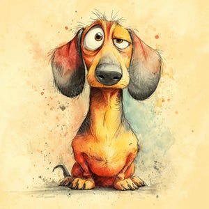 May include: A cartoon-style watercolour illustration of a dachshund dog with a long body and large, floppy ears. The dog has a curious expression with big eyes. The colour palette includes shades of orange, brown, and black, with a textured background.