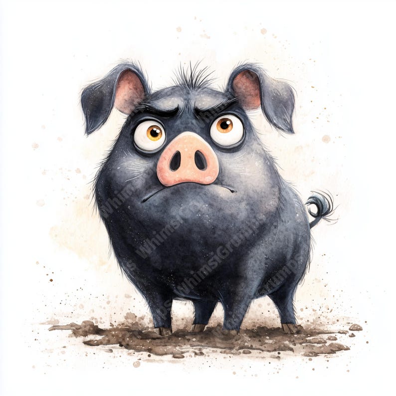 10 Watercolor Grumpy Pig Clipart Bundle – Quirky Silly Animal, Junk ...