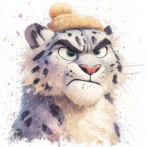Puede incluir: Ilustración en acuarela de un leopardo de las nieves con expresión enfadada. El gran felino lleva un gorro de punto amarillo claro con un pompón. El pelaje del leopardo es blanco con manchas negras, ojos verdes y nariz rosa.