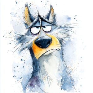 Op de afbeelding: Waterverfillustratie van een wolf met een verdrietige uitdrukking. De wolf heeft grijze vacht, blauwe ogen en een gele en oranje snuit. Het kunstwerk bevat blauwe aquarelspatten op de achtergrond, wat een grillig en expressief beeld creëert.