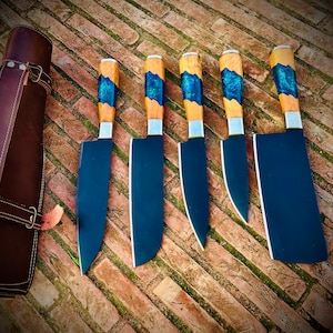 Unique Handmade 5 Pcs Chef Knife Set | 5160 Spring Steel Kitchen Knives | Natural Wood Resin Handle Cooking Knife Gift For Her Wife Birthday