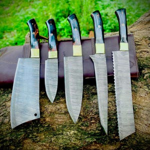 Premium 5 Pcs Handmade Damascus Steel Chef Knife Set | Full Tang Resin Handle | Custom Kitchen Knives with Leather Sheath | Gift for Him