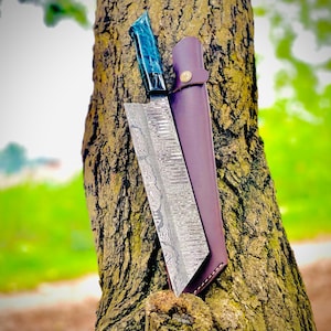Handmade Damascus Chef Knife: Blue Resin Handle, Leather Sheath