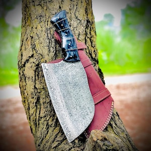Black Natural Material Handle Handmade Damascus Steel Cleaver Knife: Serbian Butcher Knife with Leather Sheath