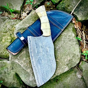 Handmade Damascus Steel Cleaver Knife: Serbian Butcher Knife with Leather Sheath