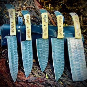 Custom Damascus Knives Handmade Damascus Steel Chef Knife Set | 5 Pcs Kitchen Knives Full Tang Natural Material Handle | Gift for Him Her