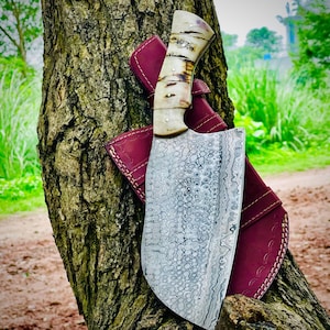 Handmade Damascus Steel Serbian Cleaver Knife: Leather Sheath, BBQ Chef