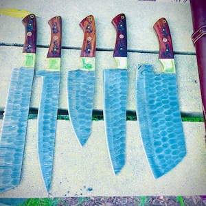 Professional Damascus Set Damascus Steel Kitchen Knife Set | Handmade Full Tang Knives | Natural Wood Engraved Handle | Gift for Her