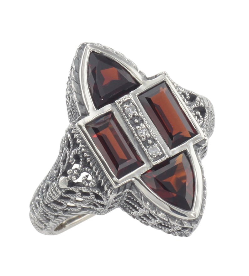Sterling Silver Antique Style Four Stone Red Garnet and Diamond Ring