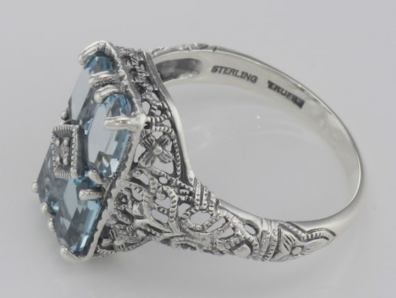Sterling Silver Art Deco Style 2 Carat Blue Topaz Filigree Ring with Diamond