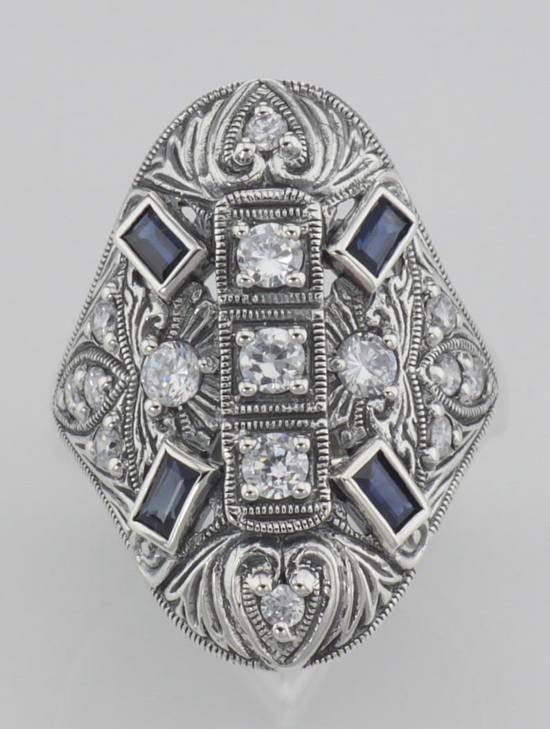 White Topaz and Sapphire Filigree Ring Sterling Silver Art Deco Style