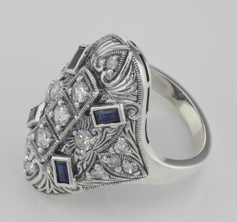 White Topaz and Sapphire Filigree Ring Sterling Silver Art Deco Style
