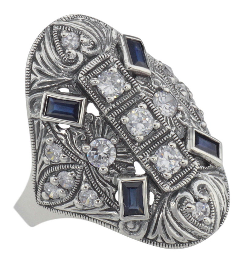 White Topaz and Sapphire Filigree Ring Sterling Silver Art Deco Style