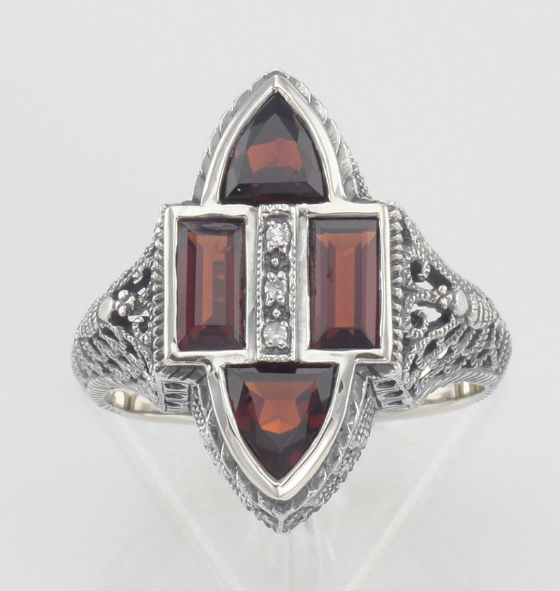 Sterling Silver Antique Style Four Stone Red Garnet and Diamond Ring