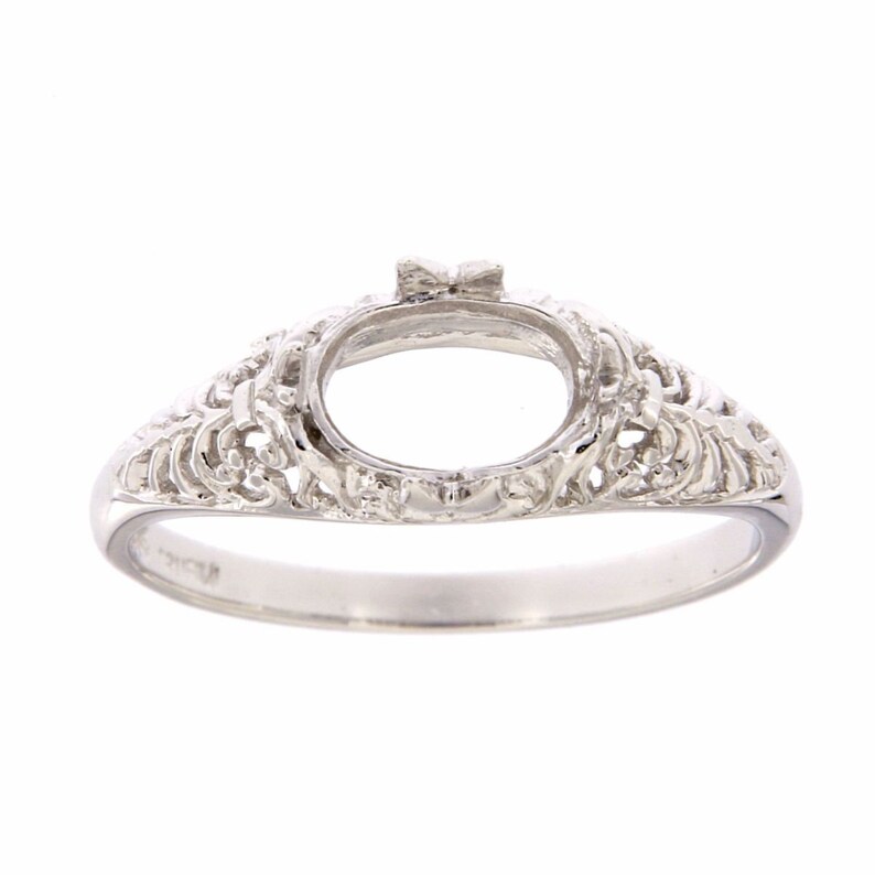 Semi Mount Art Deco Style 14kt White Gold Filigree Ring 6 x 8mm Oval