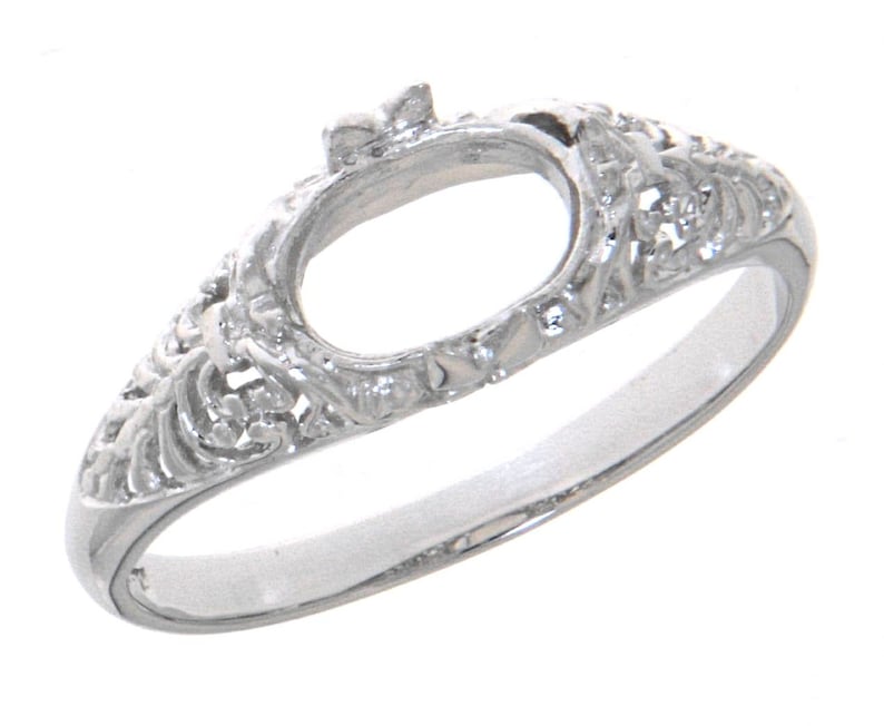 Semi Mount Art Deco Style 14kt White Gold Filigree Ring 6 x 8mm Oval