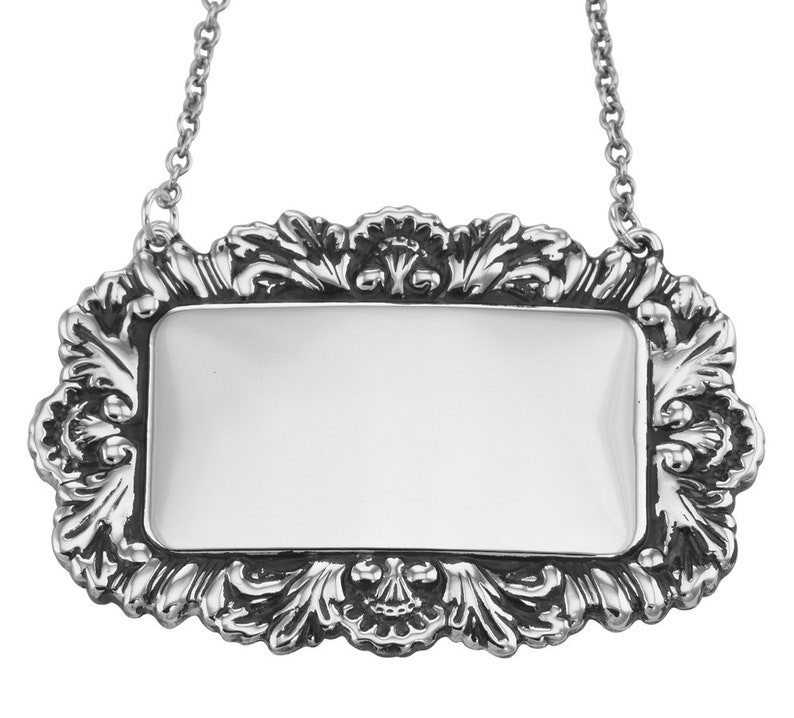 Sterling Silver Whiskey Liquor Decanter Label Tag Engraved on Back