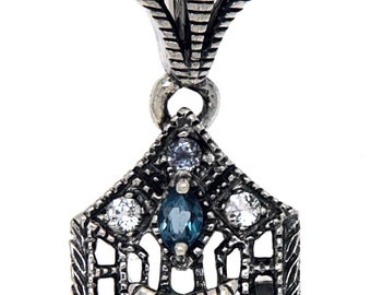 Art Deco Style Blue Topaz Filigree Diamond Pendant 18" Chain Sterling Silver Art Deco Style Blue Topaz Filigree Diamond Pendant 18" Chain Sterling Silver