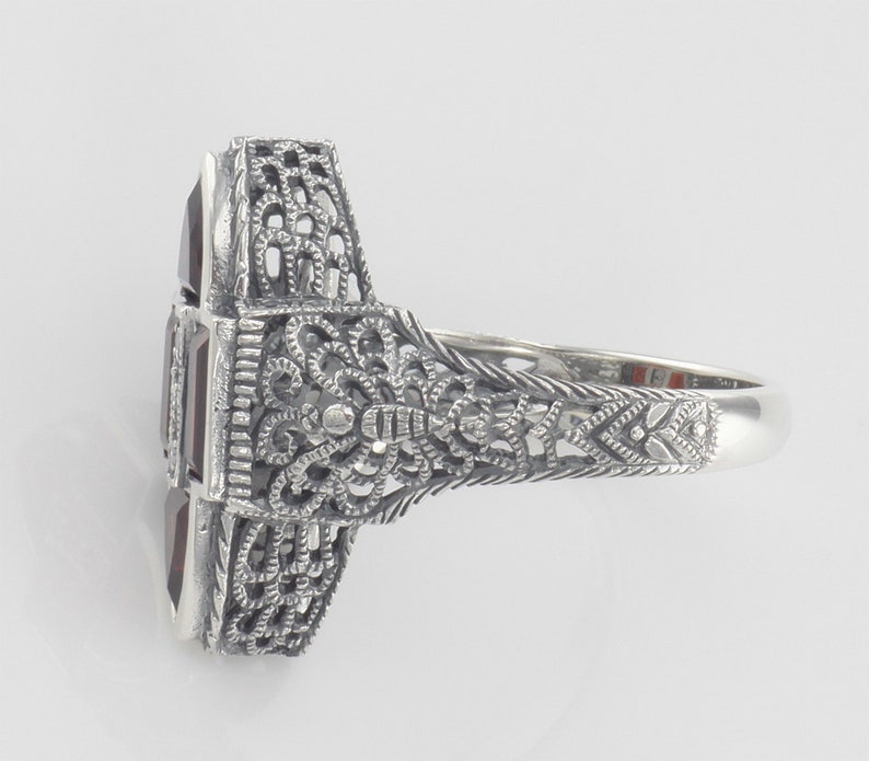 Sterling Silver Antique Style Four Stone Red Garnet and Diamond Ring