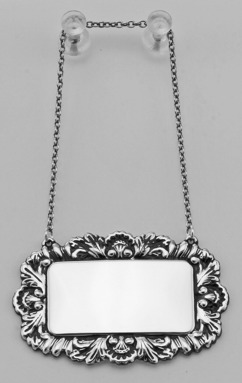 Sterling Silver Whiskey Liquor Decanter Label Tag Engraved on Back