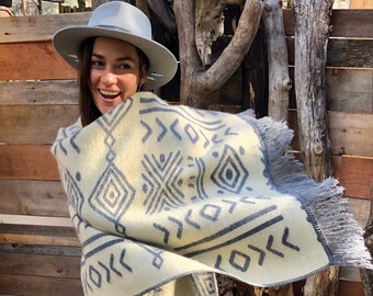 ALPACA WOOL SHAWL mud print ethnic native Wrap Boho Alpaca Cozy Tribal Gypsy Festival Gift  geometrical pattern Plus Size Gray & Beige