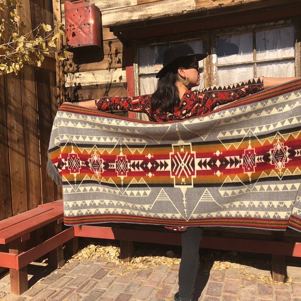 ETHNIC NATIVE SHAWL -  Wrap Boho Alpaca Cozy Tribal Gypsy Festival Gift Ceremony Wedding Shamanic Plus Size - Gray Red Orange Beige
