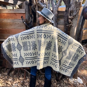 ALPACA WOOL SHAWL mud print ethnic native Wrap Boho Alpaca Cozy Tribal Gypsy Festival Gift geometrical pattern Plus Size Gray & Beige image 4