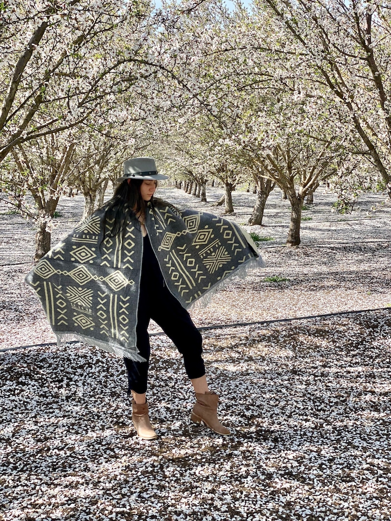 ALPACA WOOL SHAWL mud print ethnic native Wrap Boho Alpaca Cozy Tribal Gypsy Festival Gift geometrical pattern Plus Size Gray & Beige image 3