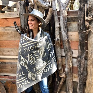 ALPACA WOOL SHAWL mud print ethnic native Wrap Boho Alpaca Cozy Tribal Gypsy Festival Gift geometrical pattern Plus Size Gray & Beige image 2