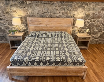 Alpaca Wool King Blanket: Mud Print African Design, Gray Beige