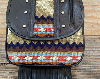 Ethnic black leather purse fringe boho studs geometrical pattern brown beige blue