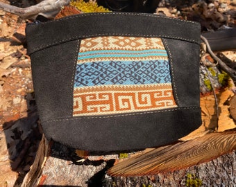 Small black leather bag boho ethnic southwestern native fabric multi use storage tobacco pouch brown blue white geometrical pattern