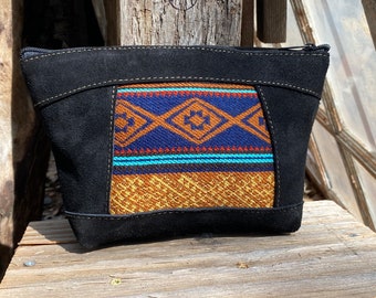 Small black leather bag boho ethnic native fabric multi use storage tobacco pouch gift blue orange yellow