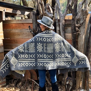ALPACA WOOL SHAWL mud print ethnic native Wrap Boho Alpaca Cozy Tribal Gypsy Festival Gift geometrical pattern Plus Size Gray & Beige image 8