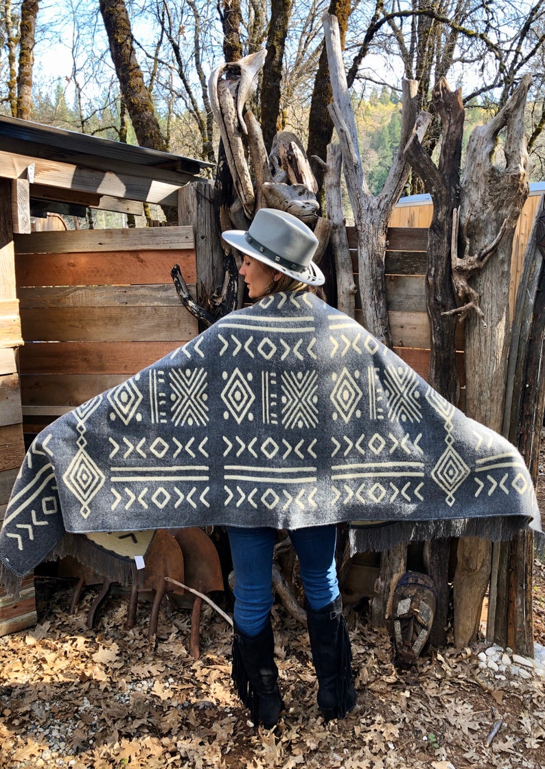 ALPACA WOOL SHAWL mud print ethnic native Wrap Boho Alpaca Cozy Tribal Gypsy Festival Gift geometrical pattern Plus Size Gray & Beige image 8