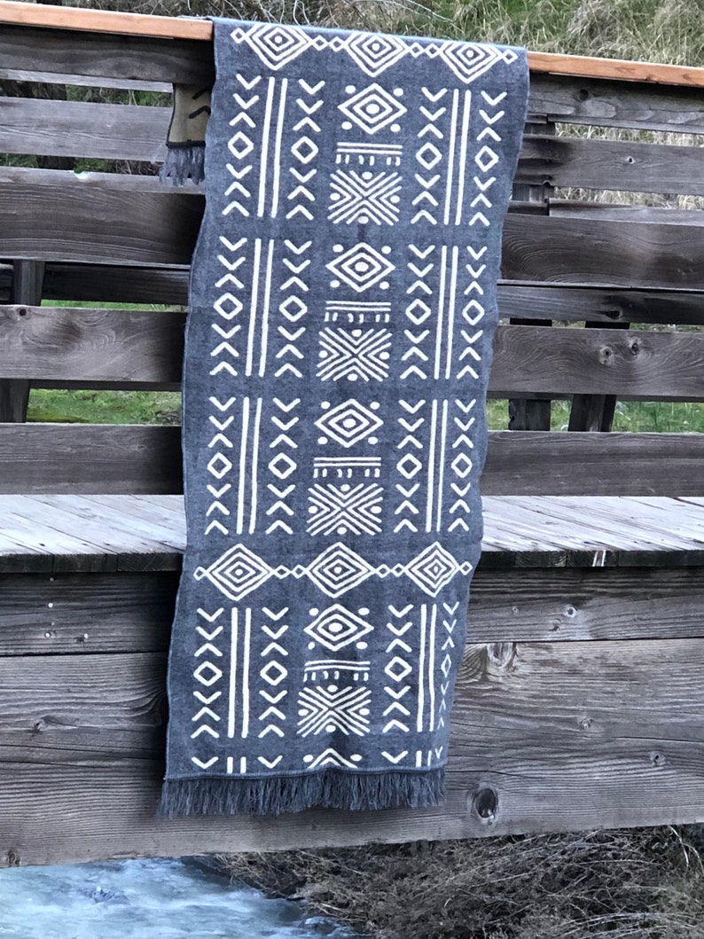 ALPACA WOOL SHAWL mud print ethnic native Wrap Boho Alpaca Cozy Tribal Gypsy Festival Gift geometrical pattern Plus Size Gray & Beige image 7