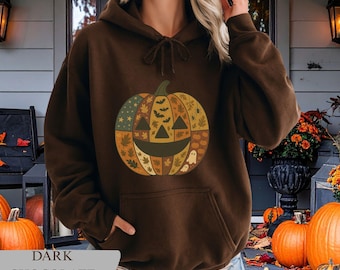 Sweat-shirt citrouille rétro en patchwork : pull d'automne d'Halloween