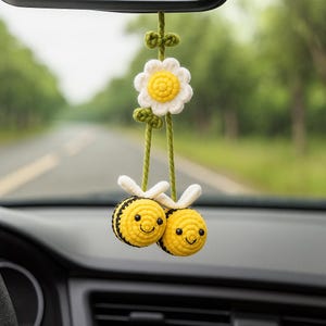 Crochet Bee Car Rear View Mirror, Cute Bee Car Hanging Ornament, Crochet Bee Car Charms, Amigurumi Bees, Car mirror charm, Car Decor