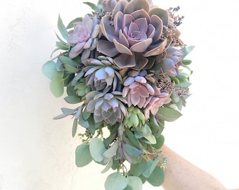 Cascading Live Succulent Wedding Bouquet, Customize with added dried flowers, faux ferns. Bridal Bouquet