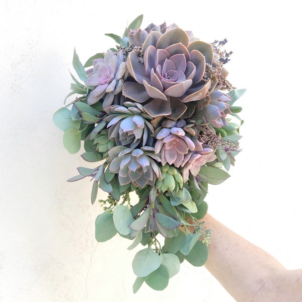 Cascading Live Succulent Wedding Bouquet, Customize with added dried flowers, faux ferns. Bridal Bouquet