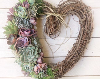 16" Sweet Heart Wreath, Heart Shaped Grapevine Wreath with Succulents, birthday gift, Mother's Day gift, Valentine Gift, Succulent Gift