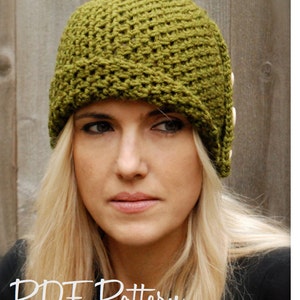May include: A green crochet cloche hat with a button detail. The hat is worn by a person with long blonde hair. The text "PDF Pattern" is visible at the bottom of the image.