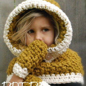 May include: A crocheted hooded scarf and matching mittens in mustard yellow and white. The scarf has a button closure and the mittens are fingerless.