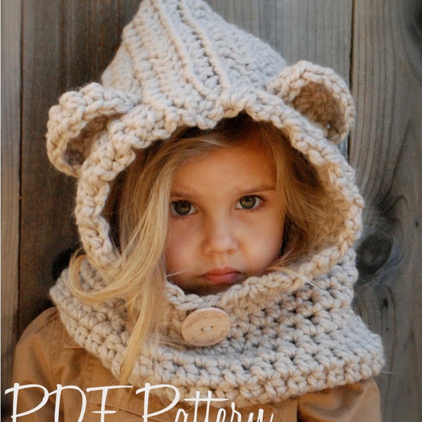 CROCHET PATTERN - Baylie Bear Cowl (3/6 mois, 6/12 mois, 12/18 mois, Tout-petit, Enfant, Tailles adultes)