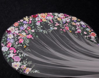 OZ47/ Colorful Floral Cathedral Veil, 3D Flower Embroidered Bridal Veil, Romantic Garden Wedding Veil in Soft Tulle