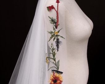 OZ27/ Wildflower Embroidered Cathedral Veil, Long Floral Bridal Veil with Botanical Edge, Boho Garden Wedding Veil