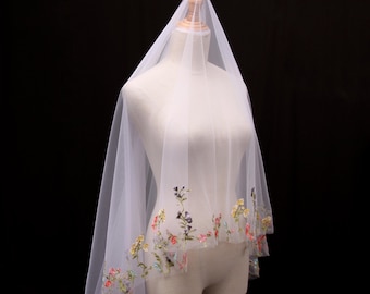 OZ23/Floral Embroidered Wedding Veil, Cathedral Veil with Blusher, Two Tier Bridal Veil, Soft Tulle Veil, Colorful Edge Veil, Romantic Bride